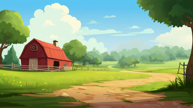 Farm cartoon style illustration background with barn and green nature
