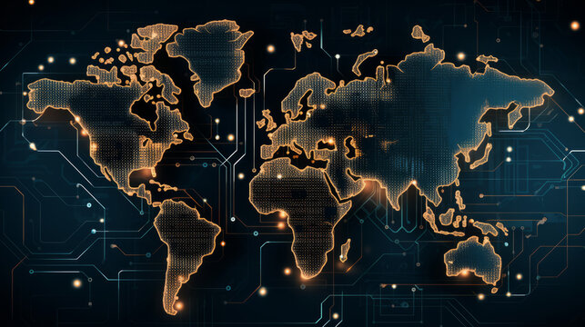 Fototapeta Stylized map of the world with digital elements, such as circuit board lines and pixelated continents