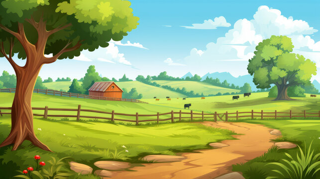 Farm cartoon style illustration background with barn and green nature