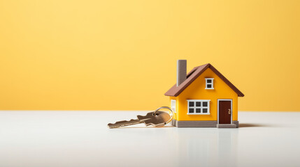 House model on white background with home key , real estate concept illustration