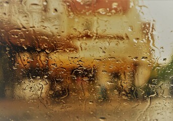 Abstraktes Motiv mit Regentropfenmuster auf Glasscheibe vor Häusern in Innenstadt von Kleinstadt bei Regen am Nachmittag im Sommer