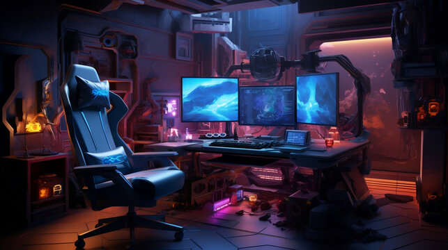 Gamer setup computer and gamer chair, Generative Ai