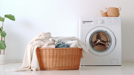 Fototapeta na wymiar A Modern Washing Machine and Stylish Laundry Basket Complementing a White Wall
