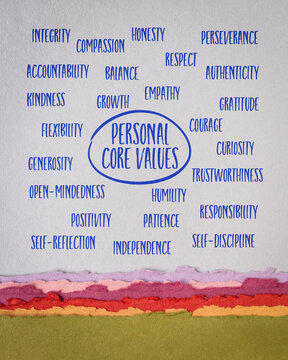 word cloud of potential personal core values - text on art paper, personal development concept