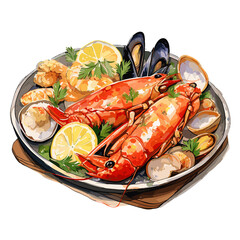Seafood Platter watercolor vector illustration
