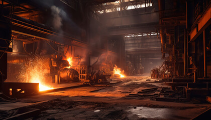 Fototapeta na wymiar Metal smelting furnace in steel mills