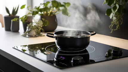 Induction hob in a modern kitchen close-up, Generative Ai