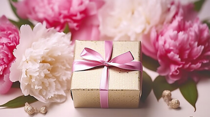 Greetings, celebration, holidays concept - gift box and peonies. Generative AI
