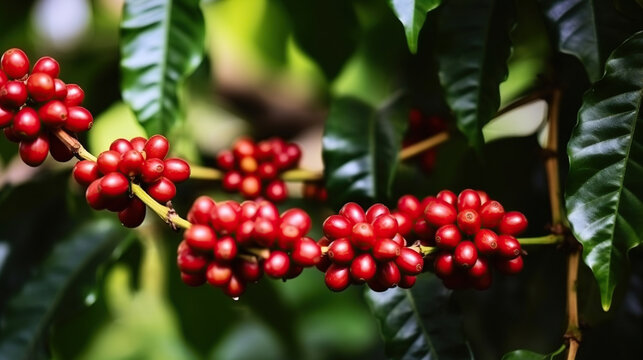 Fresh red coffee, red cherry coffee bean - tree coffee. Generative AI