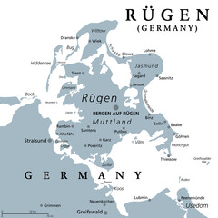Rügen, Ruegen or Rugia, the largest island of Germany, gray political map. Located off the Pomeranian coast in the Baltic Sea. The Hanseatic city of Stralsund is a gateway to the island. Illustration.