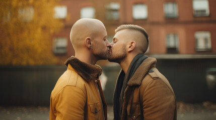 Gay man couple in their 30s kissing