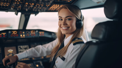 Woman airline pilot portrait in plane cockpit - obrazy, fototapety, plakaty