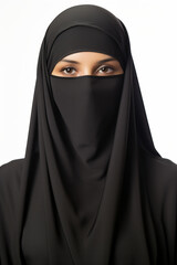 Naklejka premium Portrait of a veiled islamic woman wearing black niqab isolated on white background