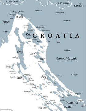 Kvarner Gulf, Part Of Internal Waters Of Croatia, Gray Political Map. Also Known As Kvarner Bay In The Northern Adriatic Sea, Located Between Istrian Peninsula And Northern Croatian Littoral Mainland.