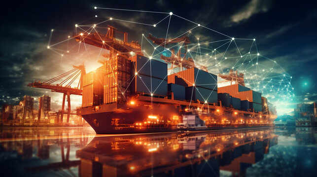 Logistics and transportation, Network distribution of Container Cargo, Ui, Smart logistics, shipping, Online goods orders worldwide, Innovation future of transport on global networking, Generative Ai