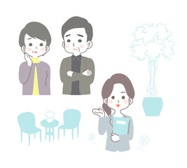 打ち合わせ・相談をする不安げな中年の夫婦・カップルと笑顔で応対する担当者