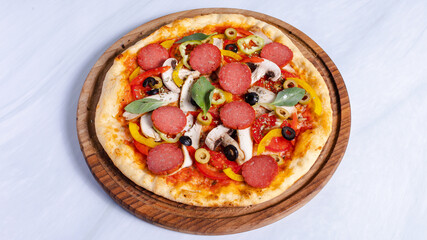Mushrooms and sausages pizza