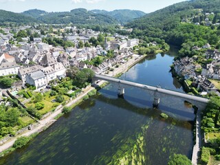 Argentat-sur-Dordogne drone,aerial   waterfront and road bridge.