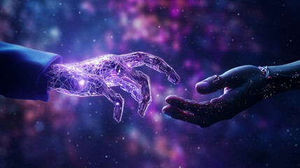 Science, AI, Machine learning, Hands of robot and human touching on big data network connection, Artificial intelligence technology, innovation for futuristic. Purple tone, Generative Ai