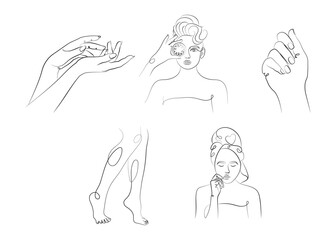 Set of illustrations in line art style, manicure, face care
