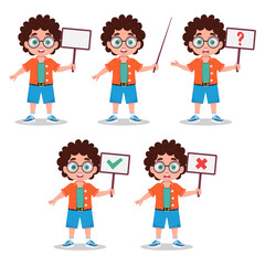 5 illustrations of a boy holding a sign