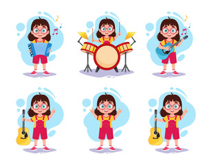 Set of illustrations of a girl playing music