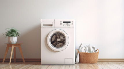 A Modern Washing Machine and Stylish Laundry Basket Complementing a White Wall