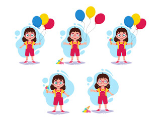 Set of illustrations girl with ice cream