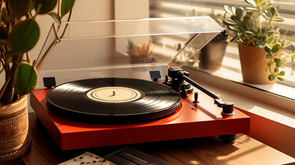 Stylish turntable with vinyl record on table, Generative Ai