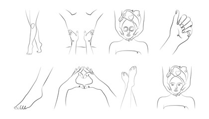 Set of illustrations in line art style, spa and massage