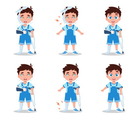 Set of illustrations of a boy with a broken arm, bandaged head, crying in pain and on crutches.