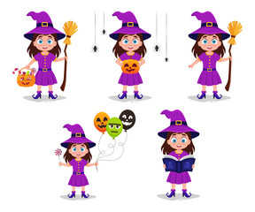 Set of illustrations of a girl in a witch costume