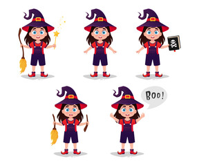 Set of illustrations of a girl in a witch costume