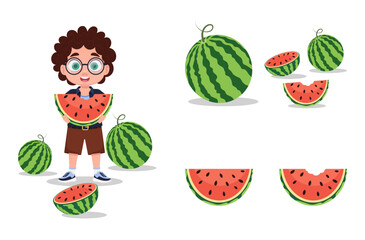 Set of illustrations of a boy eating watermelon