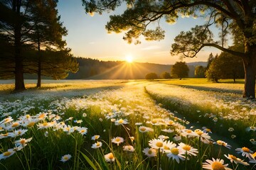 Fototapeta premium sunrise in the field generative Ai