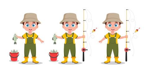 Set of a fisherman boy caught a fish