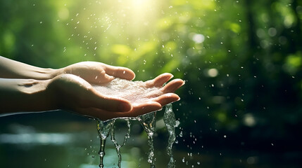 Water pouring in woman hand on nature background, environment concept, Generative Ai
