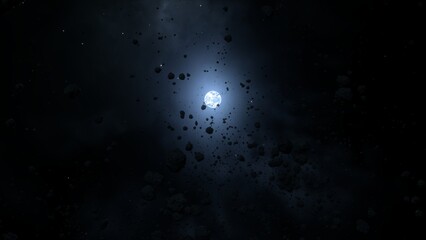 White dwarf star Sirius B glowing behind barren rocky asteroid field. Concept 3D artistic astrology wallpaper background. Space debris and cosmic dust orbiting neutron star in hostile solar radiation. - obrazy, fototapety, plakaty