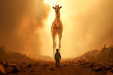 Photo of a giraffe and a little boy - obrazy, fototapety, plakaty