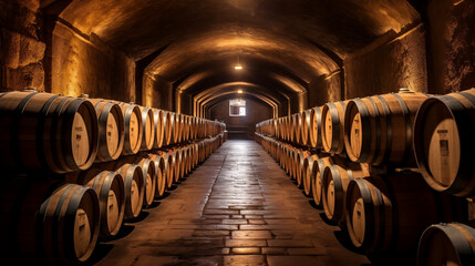 Wooden barrels of wine in a long wine cellar, Generative Ai