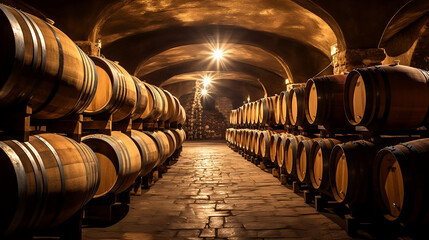 Wooden barrels of wine in a long wine cellar, Generative Ai