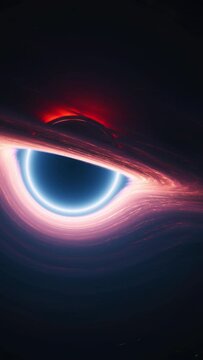 Interstellar black hole in outer cosmos. Giant singularity with glowing rotating accretion disk. Vertical 3d animation tracking wide shot. Cosmos around wormhole warps in curved space and space-time.