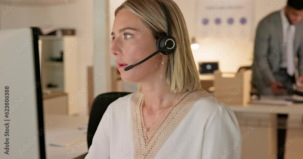 Poster woman, call center and night in office by computer for tech support, talk or listen on voip tech. fe