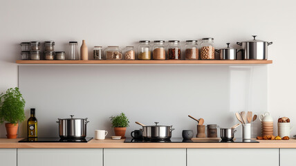 Fototapeta premium Neat and Minimalist Kitchen with Well-Organized Cooking Utensils