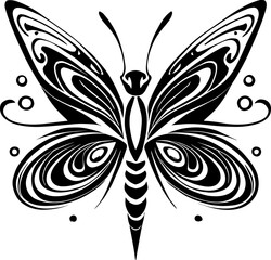 Fototapeta na wymiar Silhouette of a butterfly, black vector isolated on white background, symbol, pattern, tattoo, logo, mascot