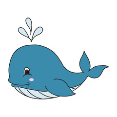 Cute cartoon sperm whale isolated on white background. Children vector illustration in doodle style
