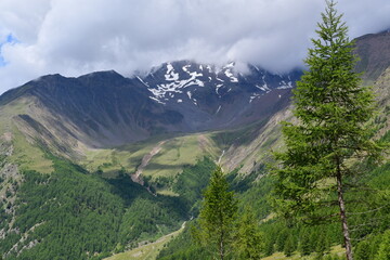 Fototapeta na wymiar Schöne Landschaft mit Bergen und Wolken im Pfossental in Südtirol 