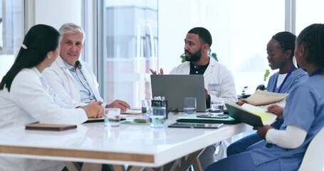 Group, meeting and doctors with a laptop, planning and discussion with innovation, surgery schedule and research. Staff, team and coworkers with a pc, data update and medical treatment in a hospital - Powered by Adobe