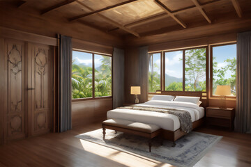 Interior wooden luxury bedroom.