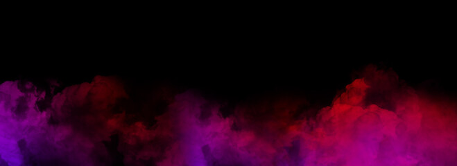 Isolated black background. Colorful smoke on floor. Misty fog effect texture overlays for text or space